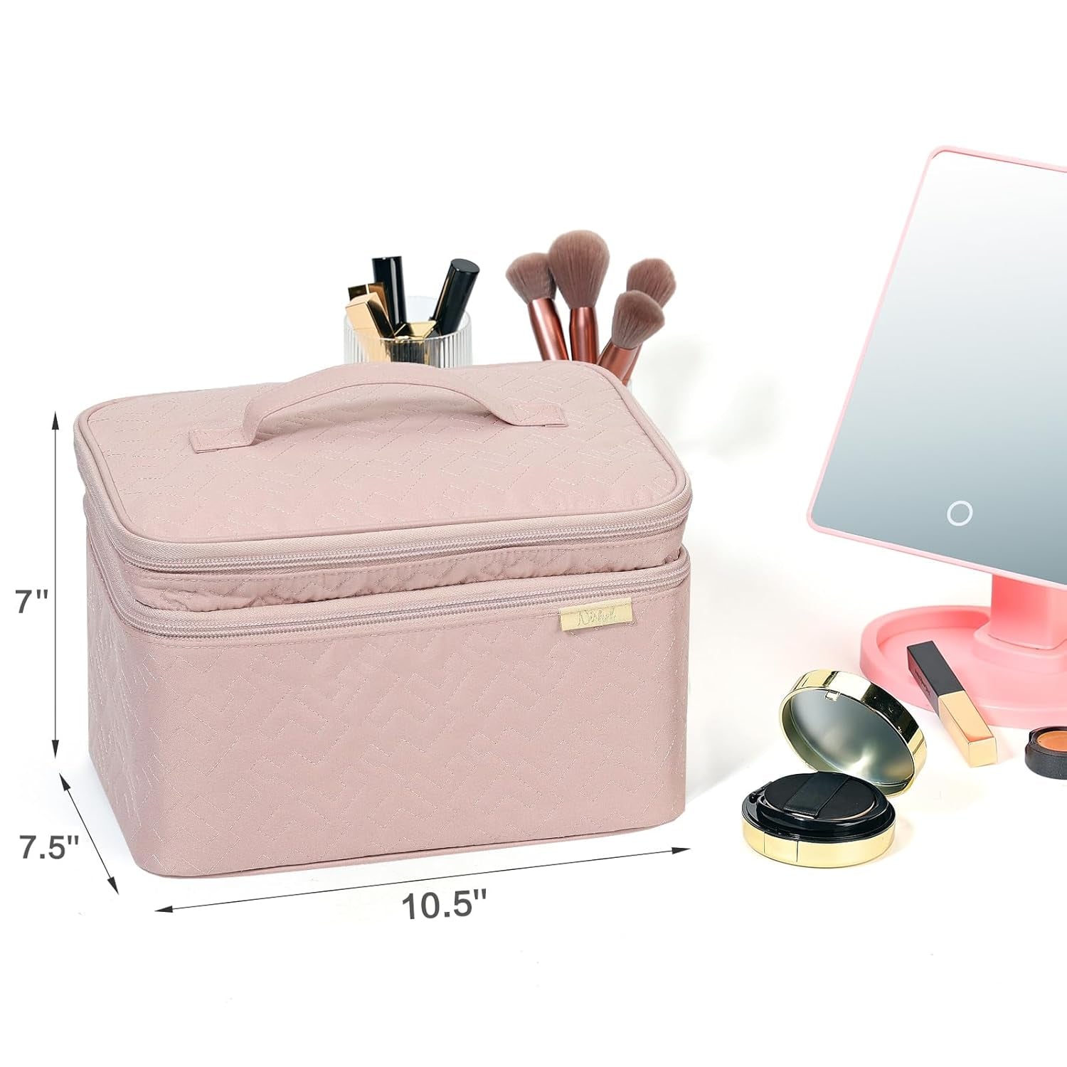 Pink Large Double Layer Travel Makeup Bag - DELEOUR