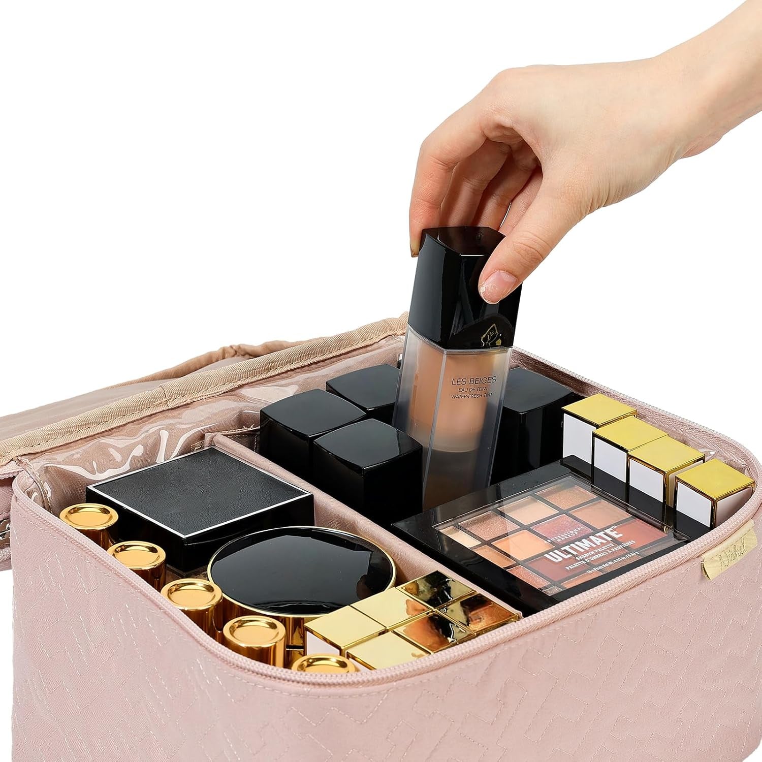 Pink Large Double Layer Travel Makeup Bag - DELEOUR