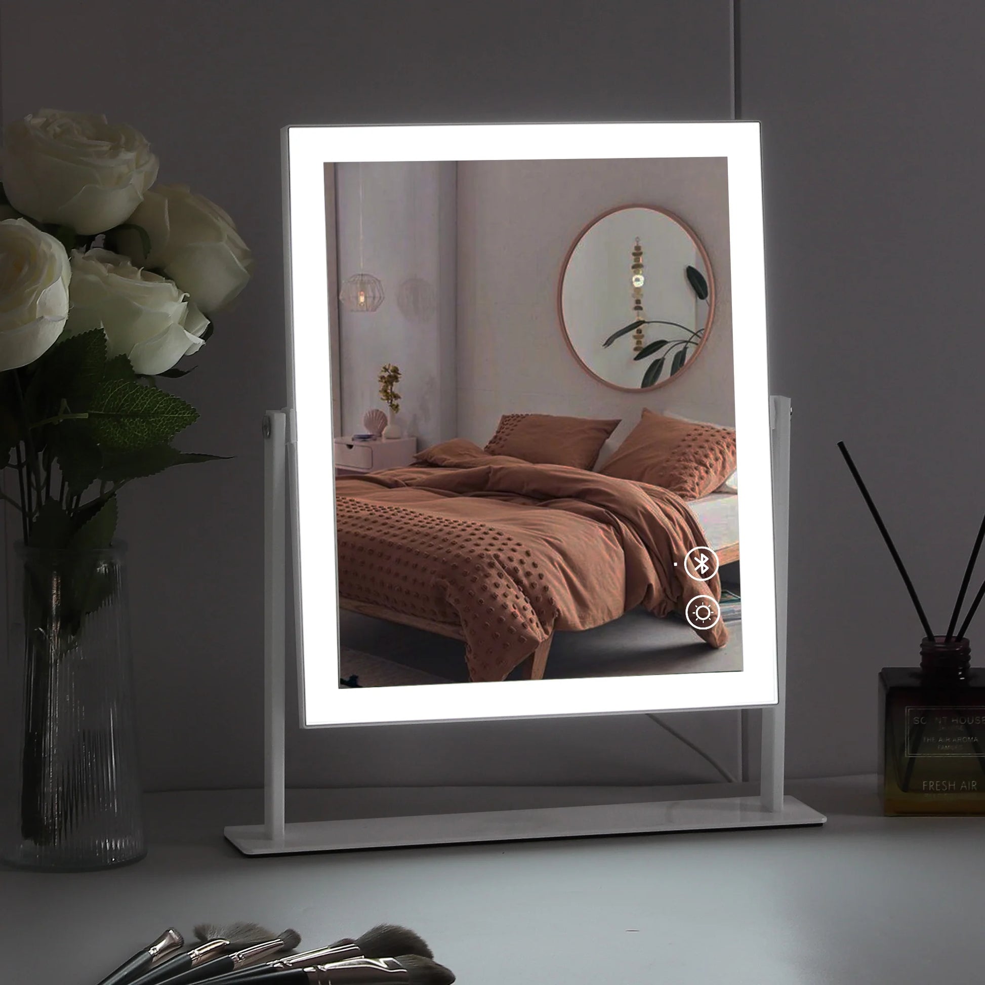 Vanity Makeup Mirror with Lights Bluetooth Metal Tabletop White 12''X14'' - DELEOUR