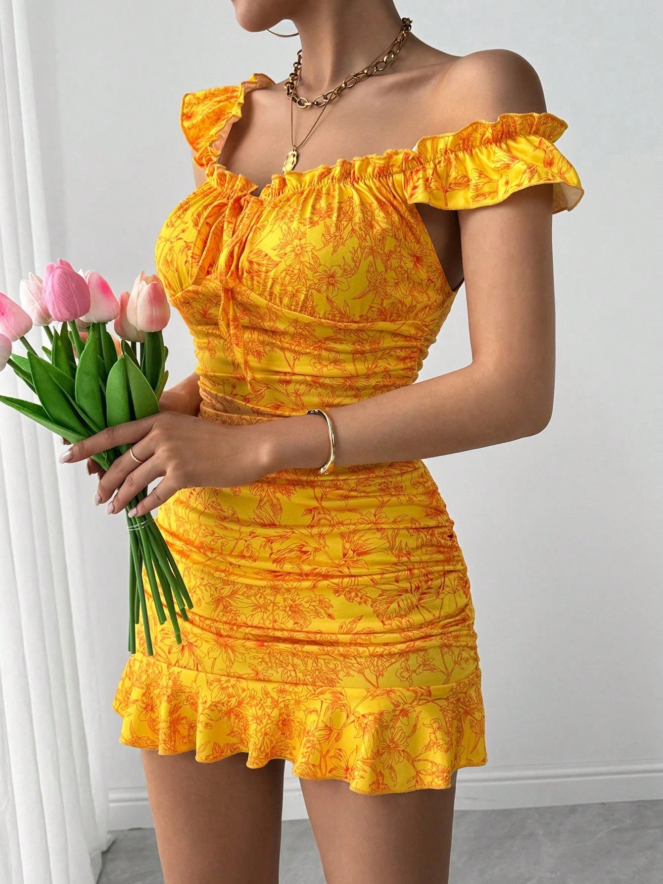 Vavabold Floral Print Ruffle Hem Tie Front off Shoulder Elegant Dress Vacation Beach Outfits Women - DELEOUR