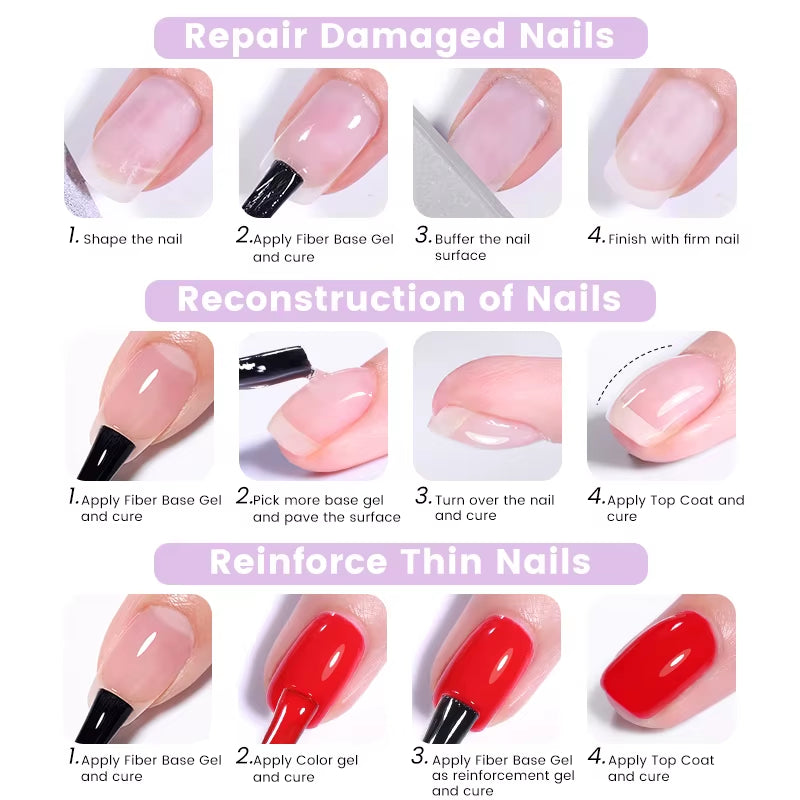 7ml Fiber Rubber Base Gel – Clear UV Builder for Nail Repair & Fiberglass Extension - DELEOUR