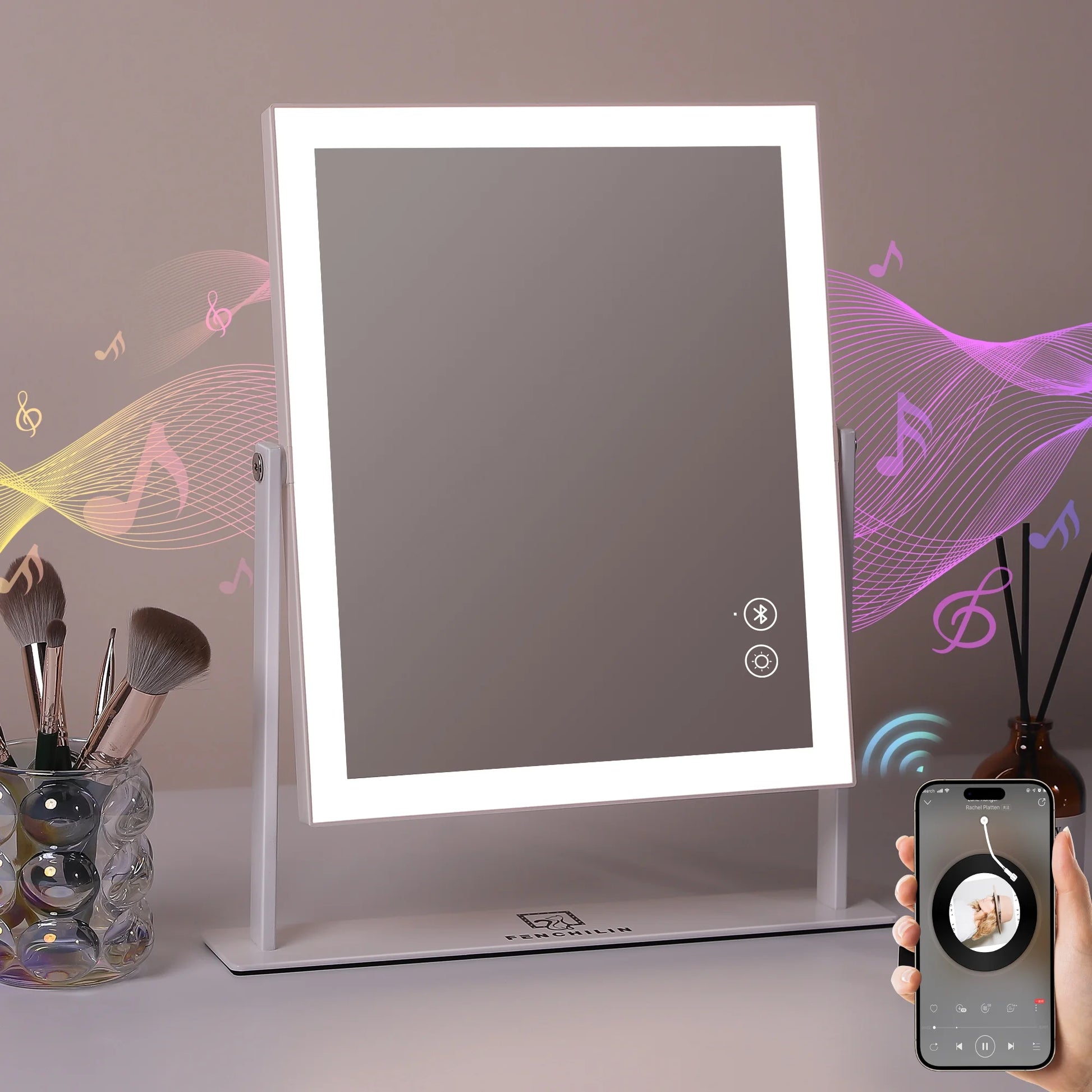 Vanity Makeup Mirror with Lights Bluetooth Metal Tabletop White 12''X14'' - DELEOUR