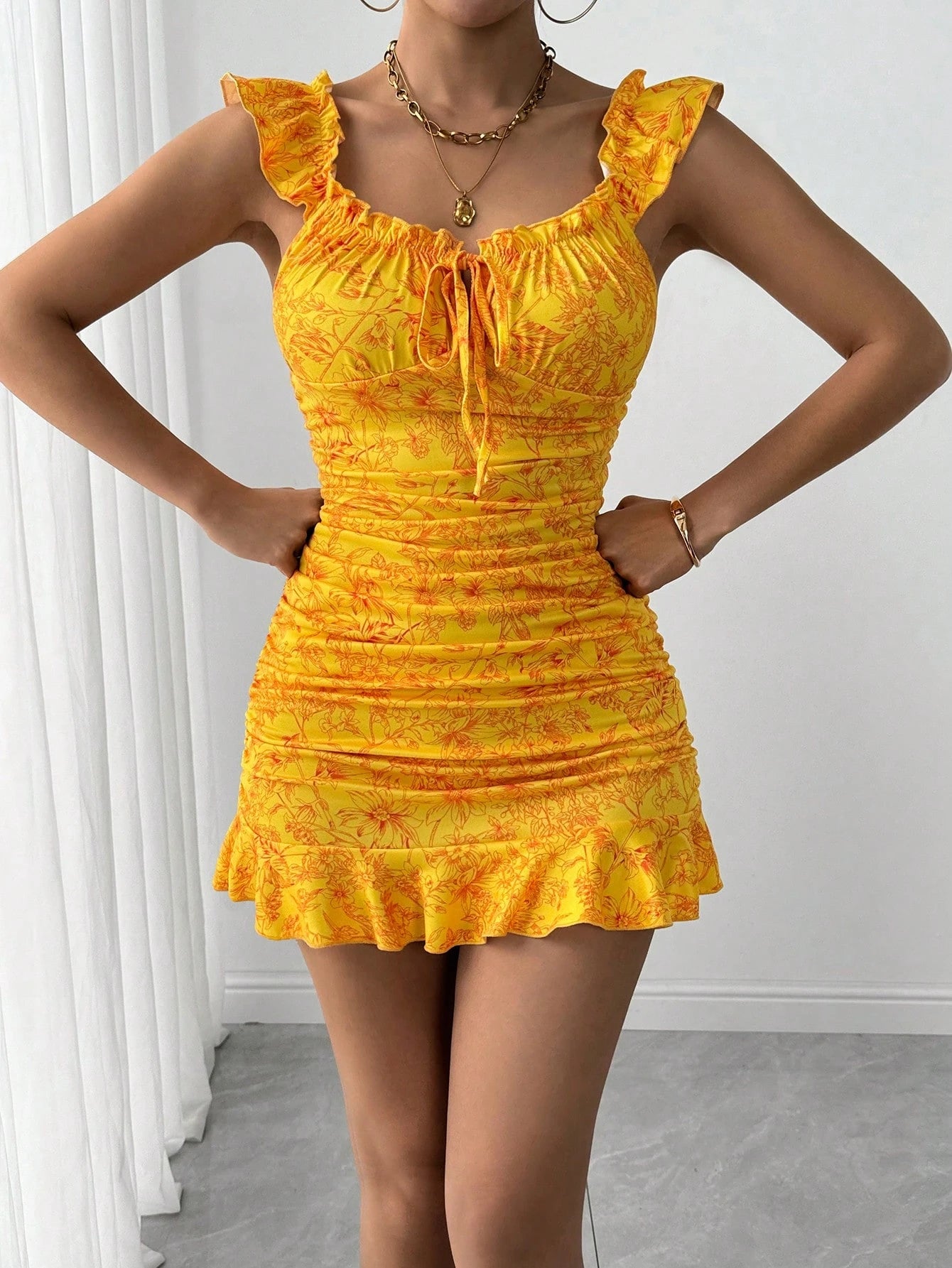 Vavabold Floral Print Ruffle Hem Tie Front off Shoulder Elegant Dress Vacation Beach Outfits Women - DELEOUR