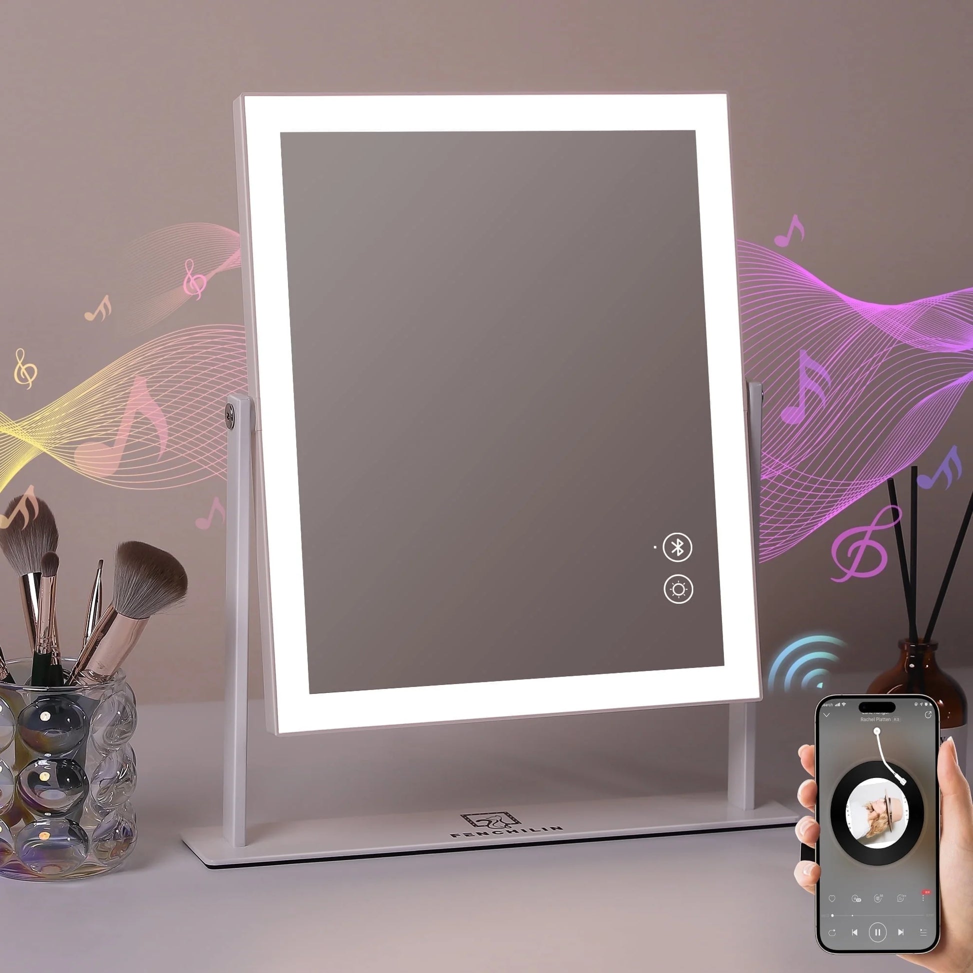 Vanity Makeup Mirror with Lights Bluetooth Metal Tabletop White 12''X14'' - DELEOUR