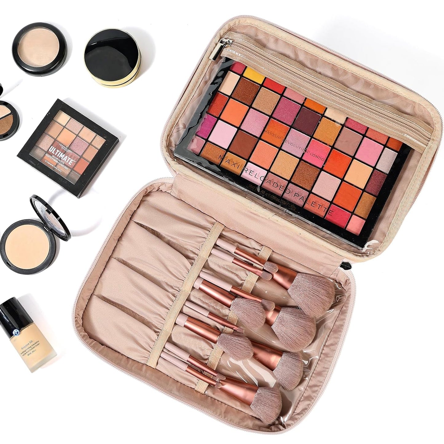 Pink Large Double Layer Travel Makeup Bag - DELEOUR