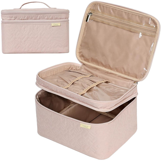 Pink Large Double Layer Travel Makeup Bag - DELEOUR