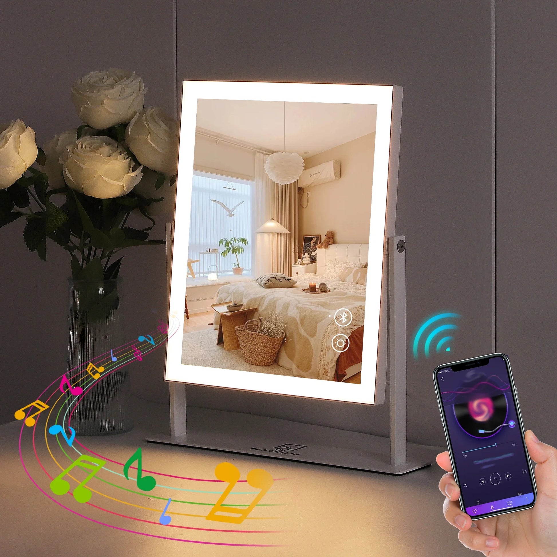 Vanity Makeup Mirror with Lights Bluetooth Metal Tabletop White 12''X14'' - DELEOUR