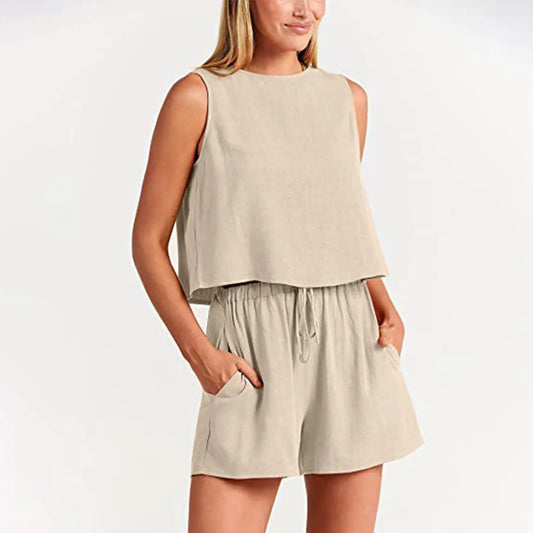 Women's Casual Two-Piece Summer Set – Loose Sleeveless Vest & Matching Cotton Linen Shorts - DELEOUR