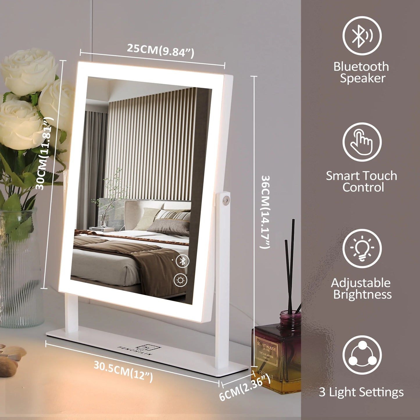 Vanity Makeup Mirror with Lights Bluetooth Metal Tabletop White 12''X14'' - DELEOUR