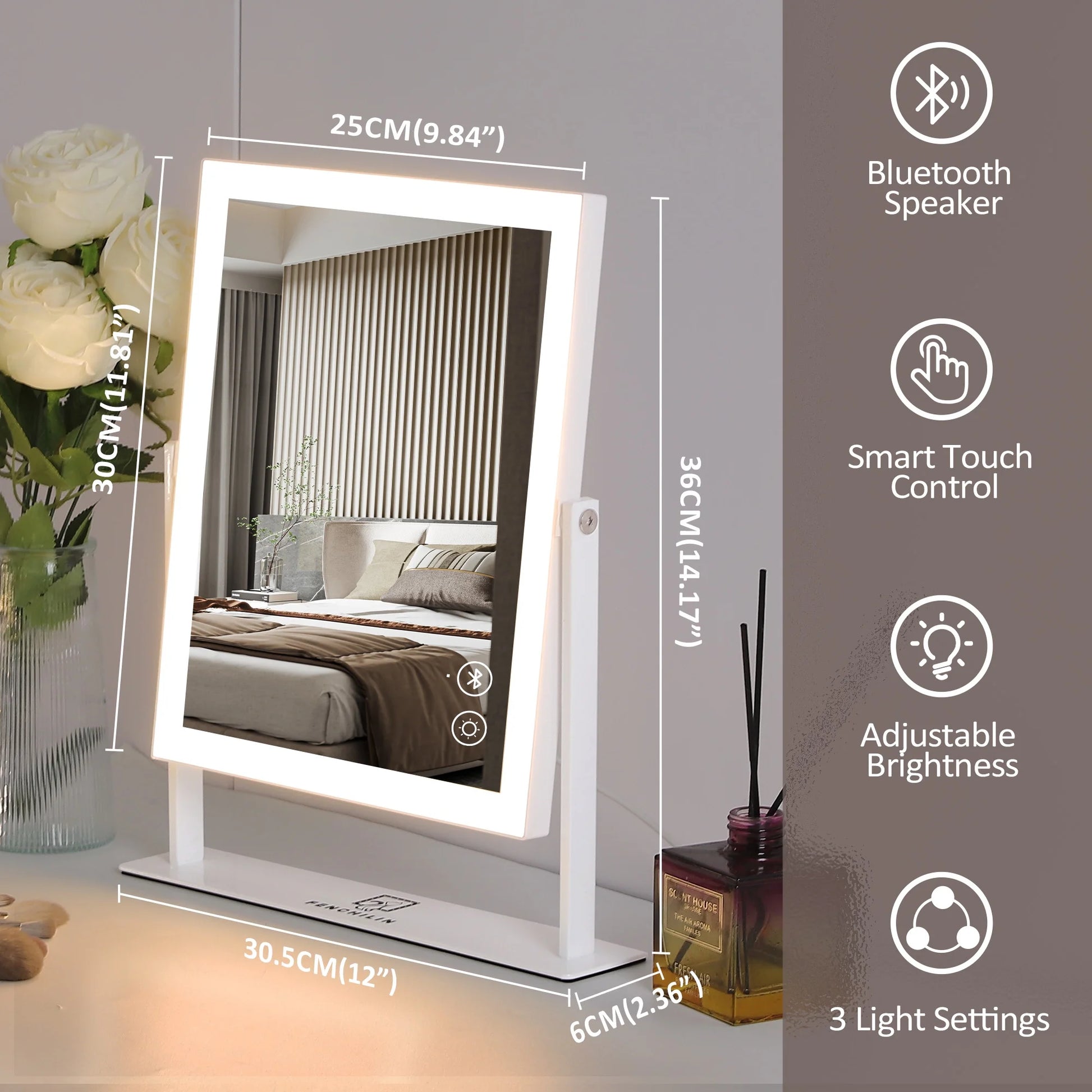 Vanity Makeup Mirror with Lights Bluetooth Metal Tabletop White 12''X14'' - DELEOUR