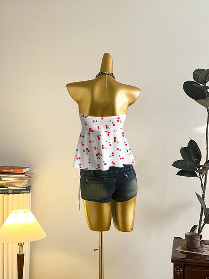 Ezwear Women's Cherry Print Drawstring Crop Top – Casual Summer Babydoll Style - DELEOUR