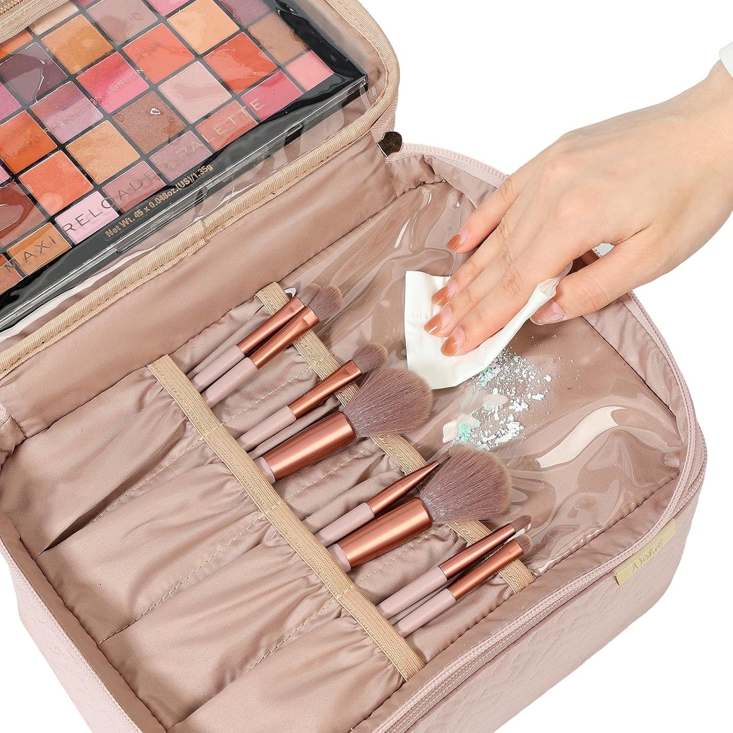 Pink Large Double Layer Travel Makeup Bag - DELEOUR