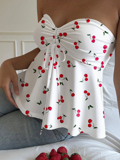 Ezwear Women's Cherry Print Drawstring Crop Top – Casual Summer Babydoll Style - DELEOUR