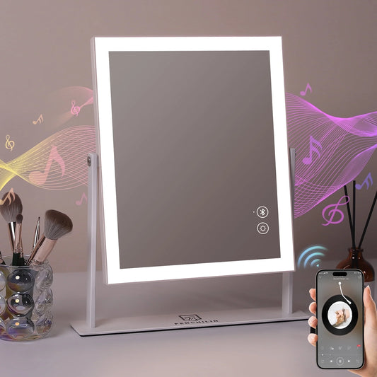 Vanity Makeup Mirror with Lights Bluetooth Metal Tabletop White 12''X14'' - DELEOUR