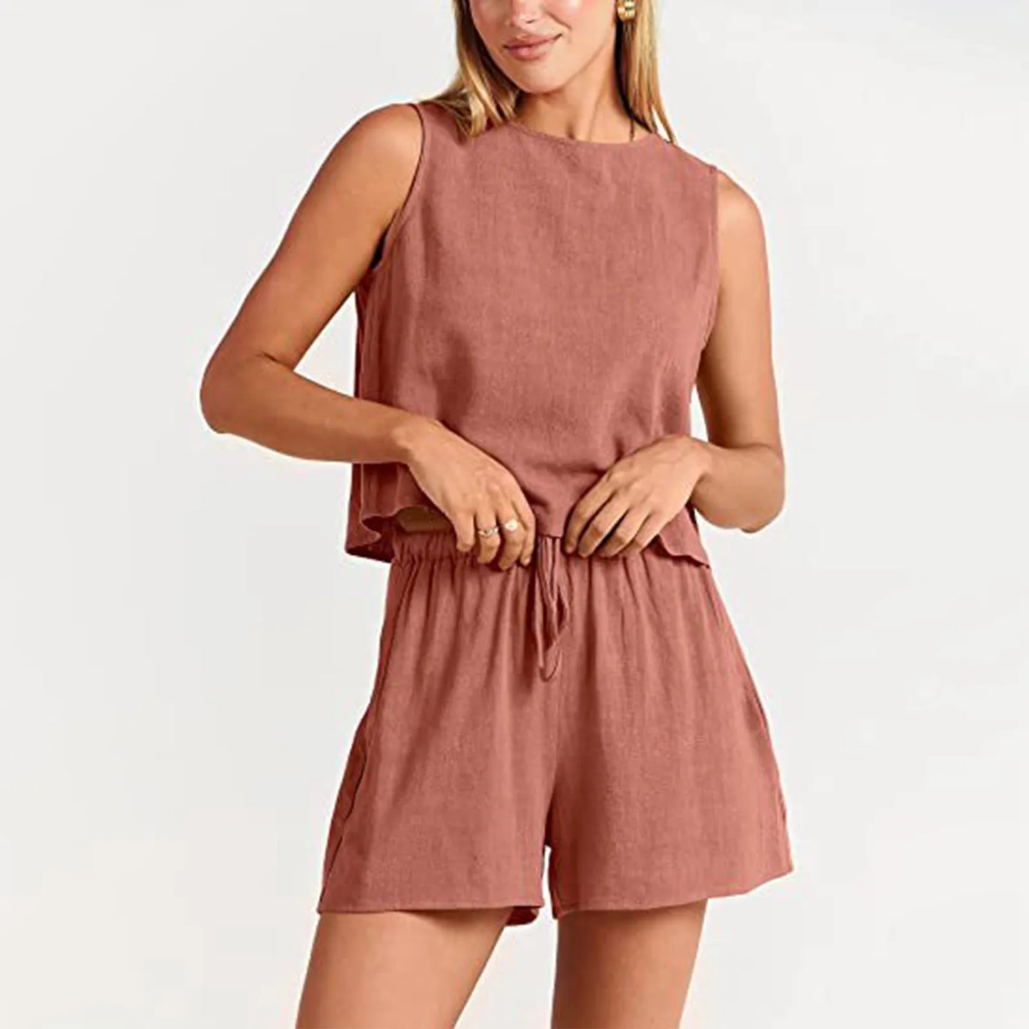 Women's Casual Two-Piece Summer Set – Loose Sleeveless Vest & Matching Cotton Linen Shorts - DELEOUR