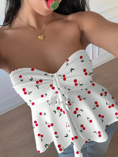 Ezwear Women's Cherry Print Drawstring Crop Top – Casual Summer Babydoll Style - DELEOUR