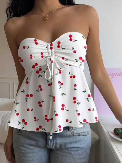 Ezwear Women's Cherry Print Drawstring Crop Top – Casual Summer Babydoll Style - DELEOUR