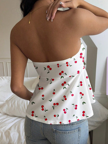 Ezwear Women's Cherry Print Drawstring Crop Top – Casual Summer Babydoll Style - DELEOUR