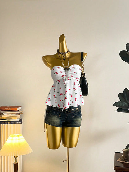 Ezwear Women's Cherry Print Drawstring Crop Top – Casual Summer Babydoll Style - DELEOUR