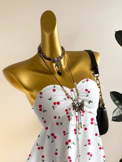 Ezwear Women's Cherry Print Drawstring Crop Top – Casual Summer Babydoll Style - DELEOUR