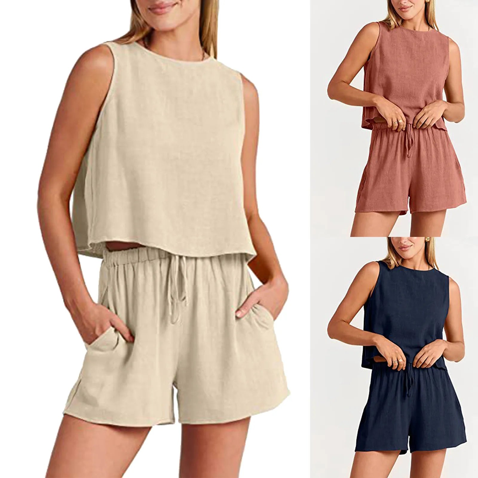 Women's Casual Two-Piece Summer Set – Loose Sleeveless Vest & Matching Cotton Linen Shorts - DELEOUR